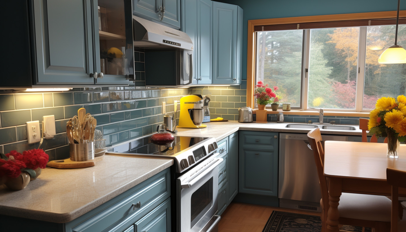 Appareils de cuisine, comptoirs, carreaux et espace de rangement